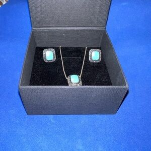 Turquoise marcasite sterling silver necklace & earring set